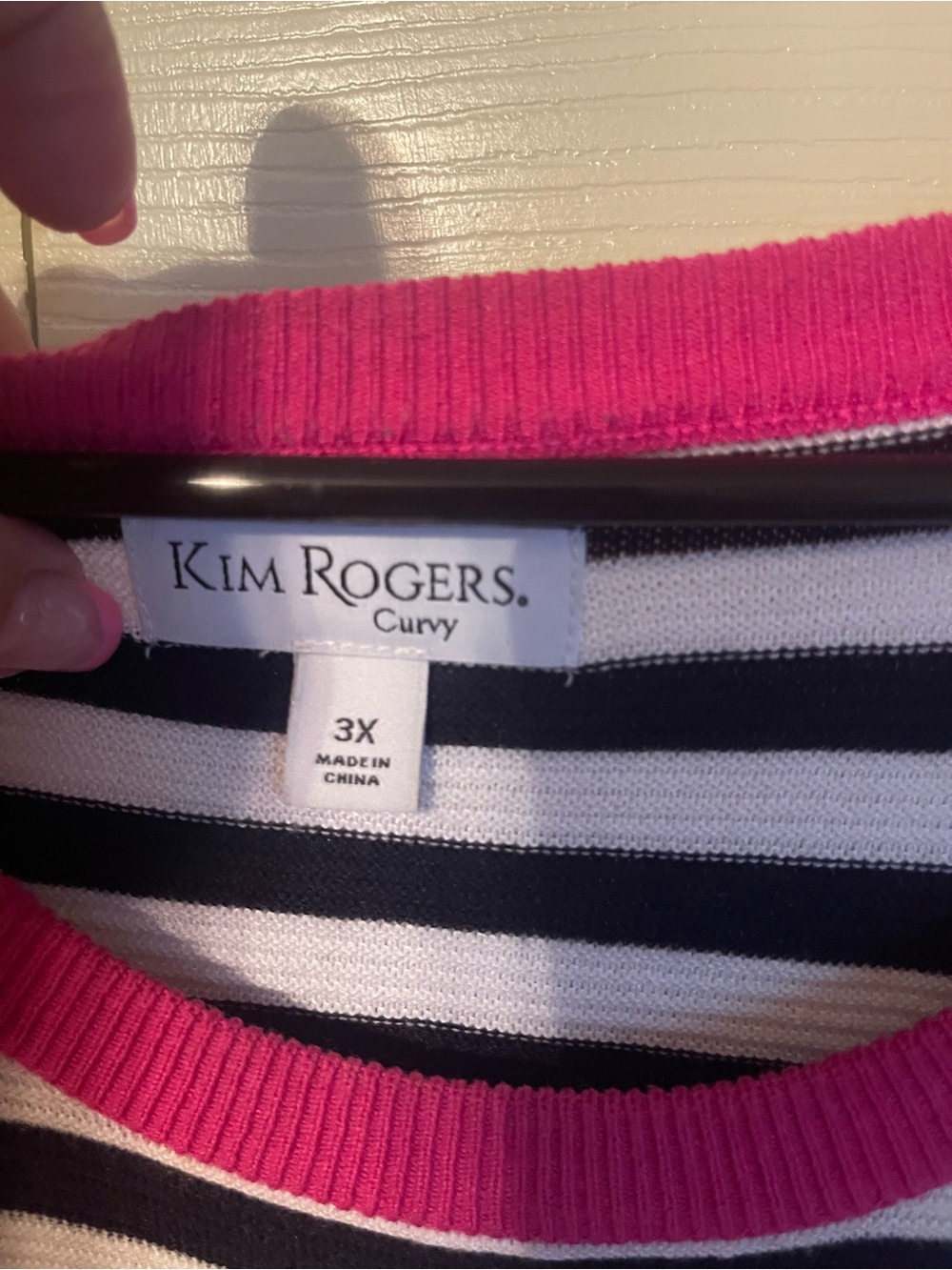 Kim Rogers Black & White Striped Crew Sweater with Pink Trim - Picture 2 of 2